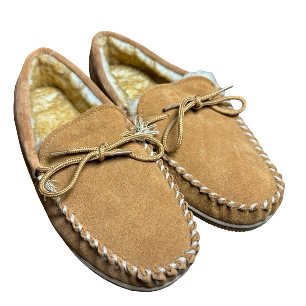 Great Northwest Leather Moccasin Slippers Men’s 11M Tan Suede Acrylic Lined